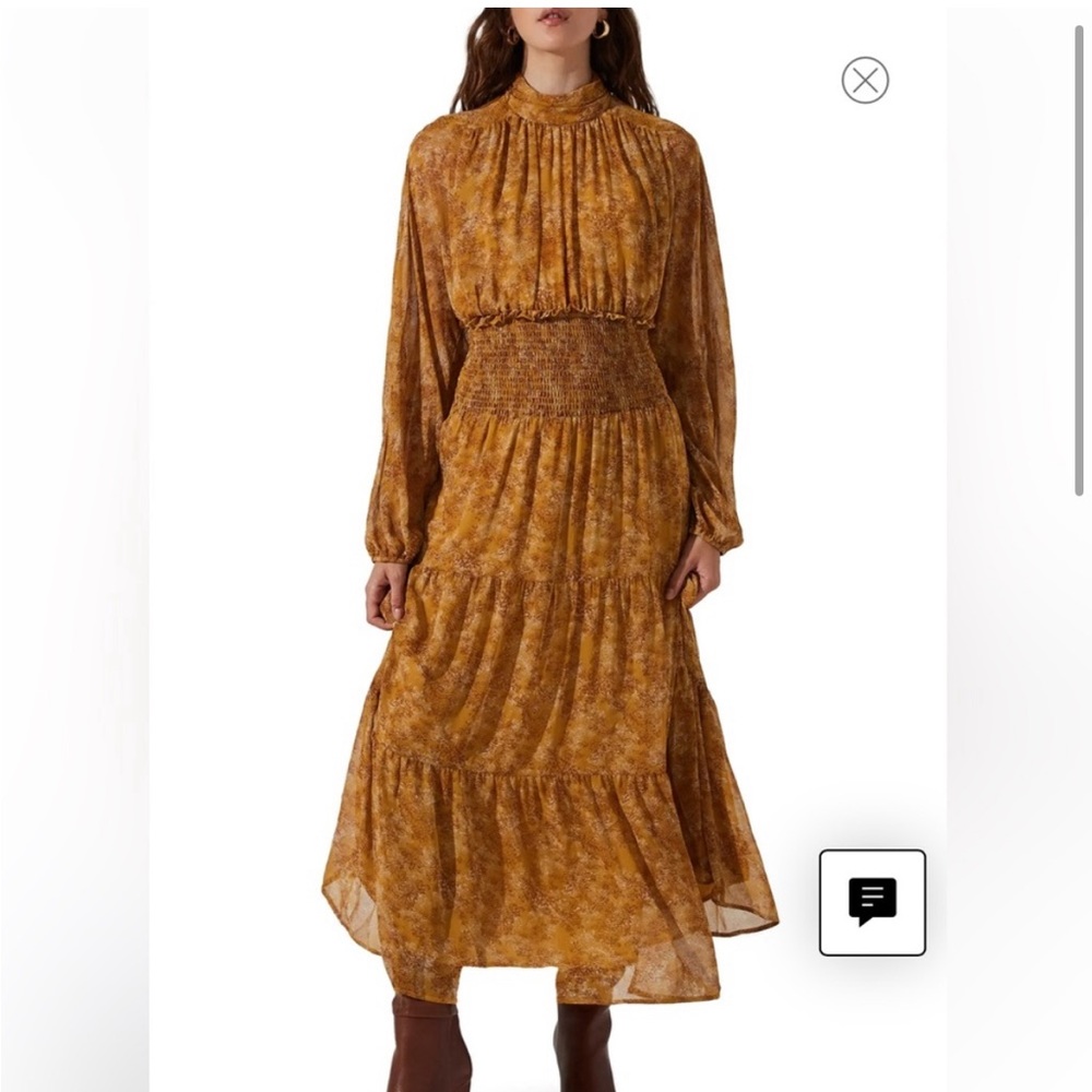 Astr the label floral print smocked waist dress in mustard brand new, in package